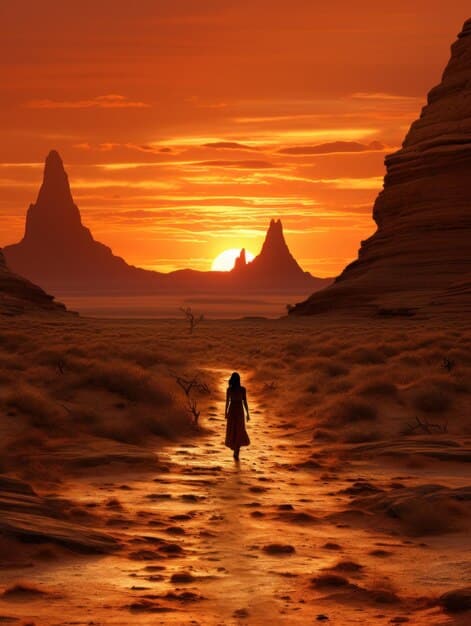 A panoramic view of a vast desert landscape at sunset, with a lone figure silhouetted against the horizon, evoking themes of adventure and personal discovery.