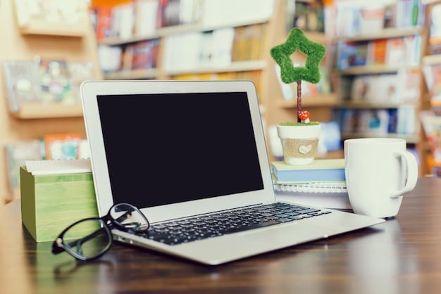 A laptop displaying a fundraising website. Around the laptop, there are books, eyeglasses, and a cup of coffee. The website page features a progress bar showing funds raised towards a book club's goal, with images of people reading and discussing books.