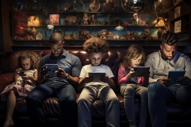 A group of diverse individuals gathered around a table, some holding books and others using tablets, symbolizing the blend of traditional reading with modern technology within book clubs.