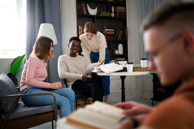 A group of people engaged in a lively discussion about social justice themes in a book, set in a modern living room.