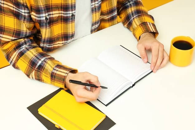 A person sitting at a desk, surrounded by books, with a notebook open and a pen in hand. They are actively taking notes and appear focused on the task at hand.