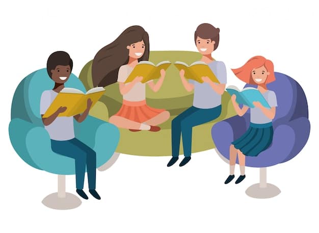 A group of friends sitting in a circle, each holding a book and sharing a brief summary of their chosen read. The atmosphere is relaxed and friendly, with everyone actively listening and engaging in the conversation.