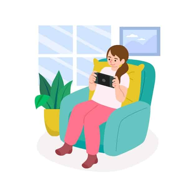 A person sitting comfortably on a sofa, holding a tablet and browsing a book recommendation website with diverse book covers displayed on the screen. Light is soft and inviting, suggesting a relaxed reading environment.