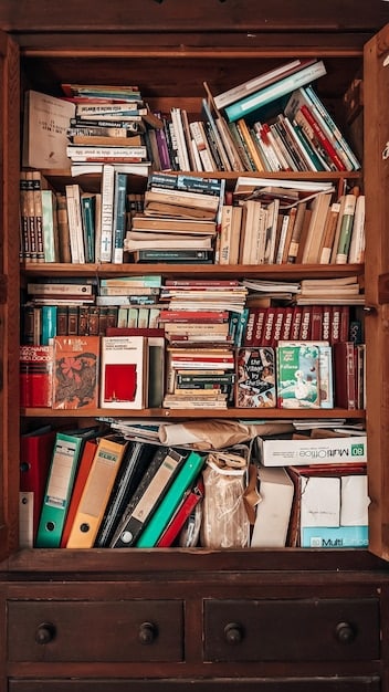 A bookshelf filled with a variety of books, ranging from classic literature to contemporary novels. The books are neatly arranged, and the lighting is warm, creating an inviting and intellectual atmosphere. Some decorative items are interspersed among the books, adding character and personality.