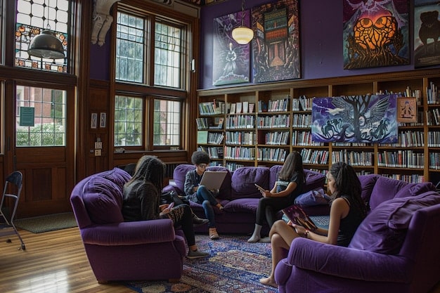 A well-lit public library interior with rows of bookshelves filled with books, and a comfortable reading area with armchairs and tables. A diverse group of people are browsing and reading.