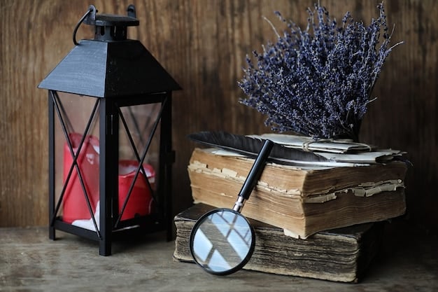 A dimly lit library scene, with selective focus on antique books and a magnifying glass resting on an open page.