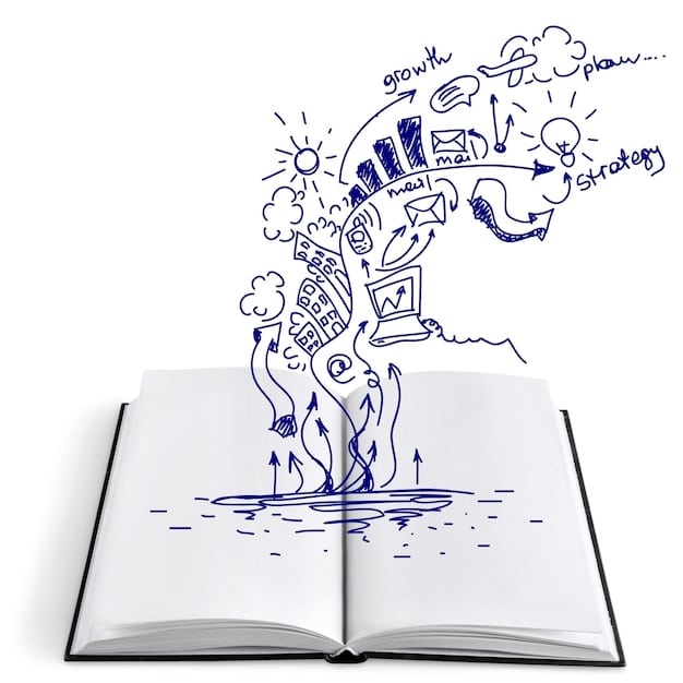 An open book with pages filled with handwritten notes about a character's background, motivations, and fears. Around the book are scattered psychological diagrams and charts.