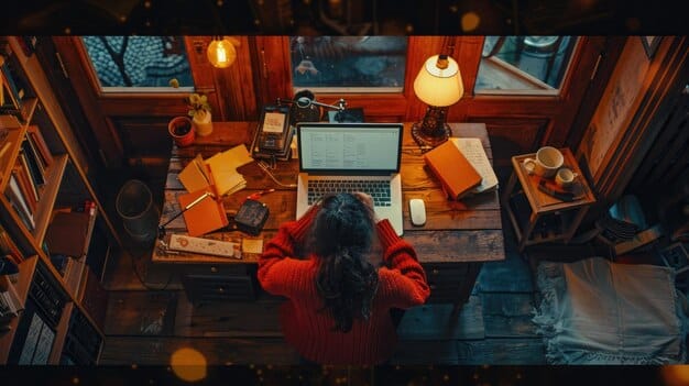 A writer at their desk, surrounded by stacks of books and papers, intensely focused on their computer screen, their fingers flying across the keyboard. A cup of coffee sits nearby.