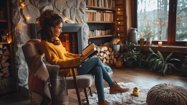 A person sitting in a comfortable armchair, engrossed in a book from a curated reading list. The room is filled with other books and soft lighting, creating a cozy and inviting atmosphere.