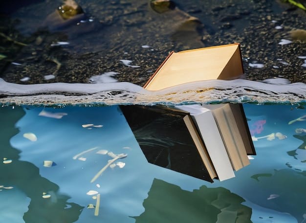 A close-up shot of a discarded paperback book lying in a puddle, its pages soaked and warped, symbolizing the fate of outdated knowledge that has been neglected.