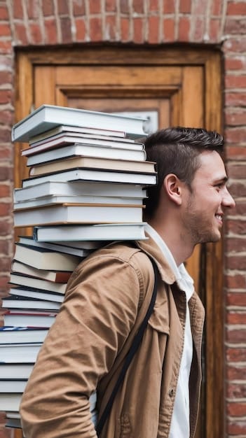 A person looking overwhelmed by a stack of books that are towering over them, suggesting the feeling of being burdened by an unrealistic reading goal.