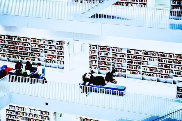 A wide shot of a public library with towering bookshelves filled with books. People are browsing the shelves, reading at tables, and using computers. The library is brightly lit and appears to be a bustling hub of activity.