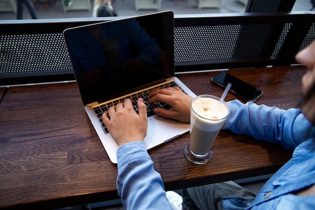 A person sitting at a coffee shop, working on a laptop, with a partly written book manuscript displayed on the screen. The scene is casual and creative, emphasizing the accessibility of self-publishing tools.