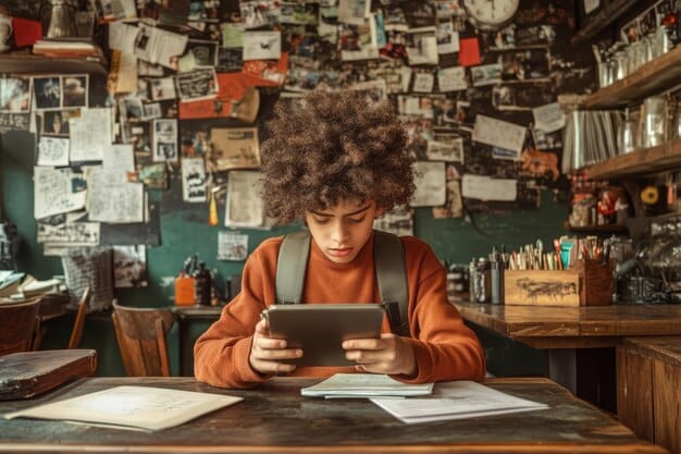 A person analyzing several book reviews on a tablet, with a thoughtful expression, surrounded by books, indicating they are carefully considering different opinions and critiques.