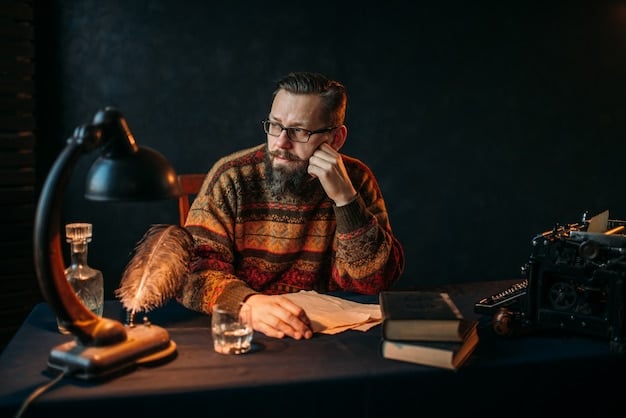 A writer sitting at a desk, surrounded by books, with a focused expression, deeply immersed in the creative process.