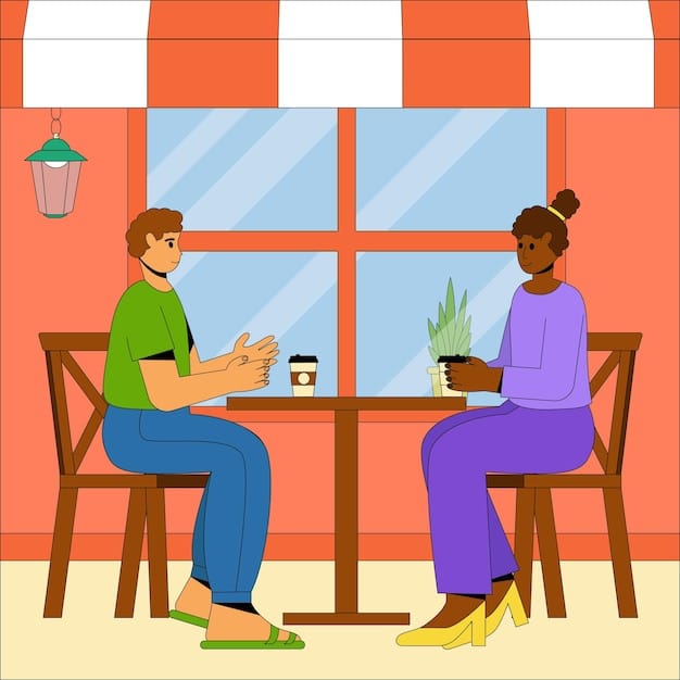 Two people engaged in an animated conversation in a bustling coffee shop. One person is gesturing with their hands while the other listens intently, a notebook and pen on the table between them.