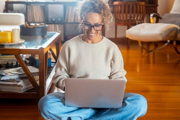 An author smiles confidently while typing on their laptop, symbolizing the acceptance of imperfections in the first draft and the focus on getting the story down. A window with a view of a vibrant cityscape is in the background.