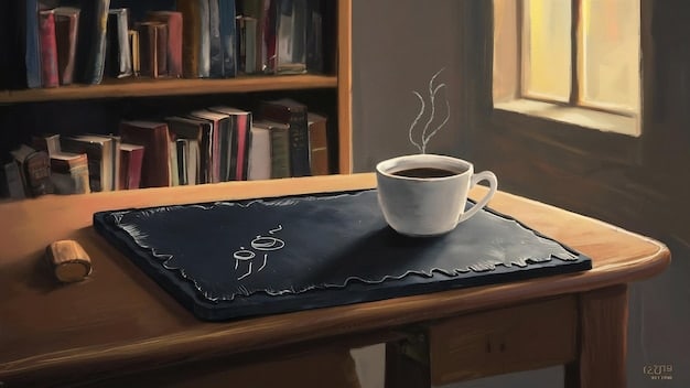 A digital illustration depicting a writer at their desk, surrounded by stacks of books, coffee cups, and scattered notes. The scene is warmly lit, conveying a sense of dedication and the creative process involved in crafting a manuscript.