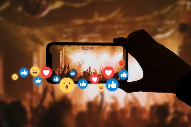 A close-up of a smartphone displaying various social media icons (Facebook, Instagram, Twitter) with a focus on engagement metrics like likes, comments, and shares.