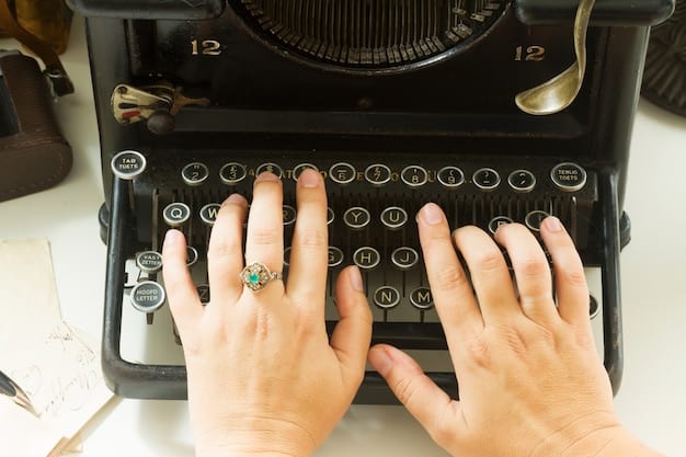 A close-up of a writer's hands typing on a vintage typewriter. The focus is on the keys being pressed, symbolizing the act of bringing characters to life through the written word. The background is blurred, emphasizing the concentration and effort involved.