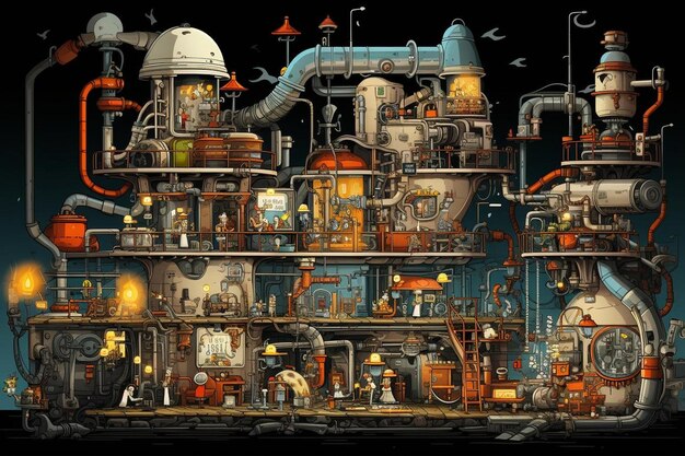 A detailed illustration of a steampunk inventor's workshop. The workshop is filled with blueprints, tools, and various half-finished steam-powered contraptions. The inventor, wearing goggles and a leather apron, is working on a complex device with intricate gears and pipes. The scene is bathed in the warm glow of gas lamps, creating a cozy and inventive atmosphere.