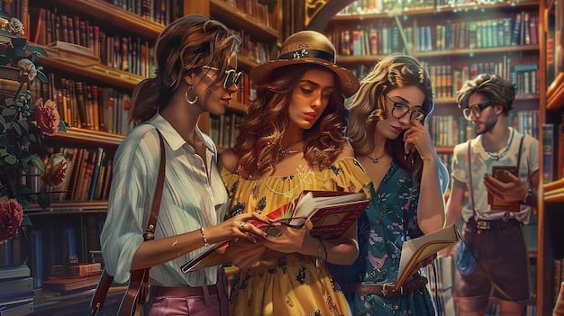 A group of diverse characters gathered around a steampunk-style map in a hidden library. The characters are dressed in Victorian-era clothing with steampunk accessories, such as goggles, gears, and modified weapons. The library is filled with towering bookshelves, antique globes, and steam-powered devices. The scene captures the adventurous and collaborative spirit of steampunk storytelling.