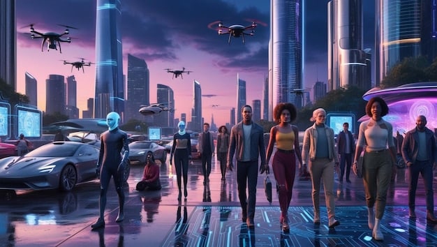 A virtual reality cityscape with holographic advertisements and flying vehicles. People are connected to the virtual world through neural interfaces, their faces illuminated by the glow of the screens.