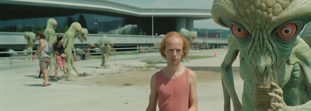 A non-binary alien character stands in a futuristic city, surrounded by diverse alien species. The city is filled with advanced technology and vibrant colors, suggesting a prosperous and inclusive society.