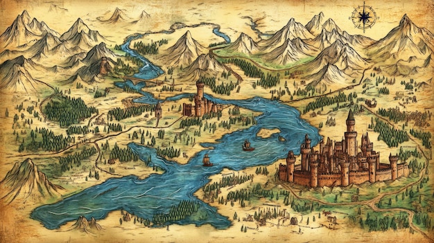 A map of a fictional world, drawn in a style reminiscent of medieval maps. The landscape is rugged and war-torn, with symbols indicating cities, castles, and battlefields. The overall impression is one of a harsh and unforgiving environment.
