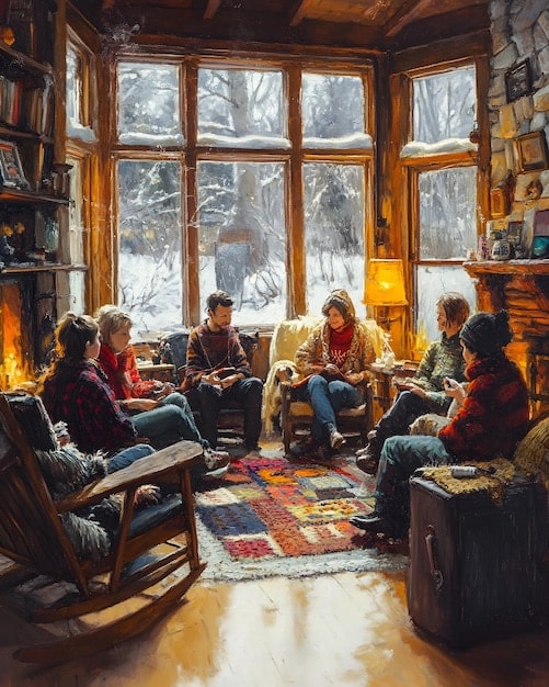 A group of people gathered in a cozy living room, engaged in a lively discussion about a book. Cups of tea and snacks are visible, creating a warm and inviting atmosphere.