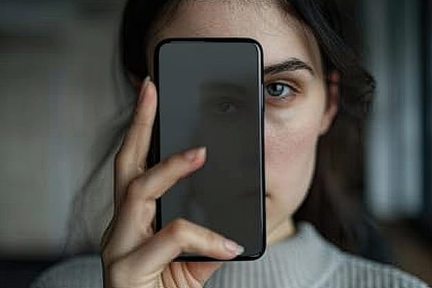 A close-up of a person's eye reflected in a smartphone screen. The screen displays a distorted, glitching image of a crime scene, suggesting the use of augmented reality in a psychological thriller. The person's expression is a mixture of fear and fascination.
