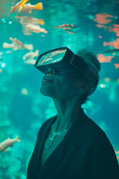 A person wearing a futuristic augmented reality headset, interacting with a holographic interface that displays data and simulations related to environmental changes and climate models.