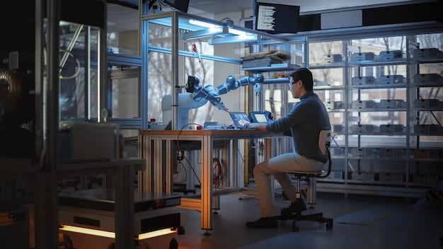 A sleek and modern laboratory filled with researchers working on advanced robotics projects, with robots performing intricate tasks and assisting in experiments.