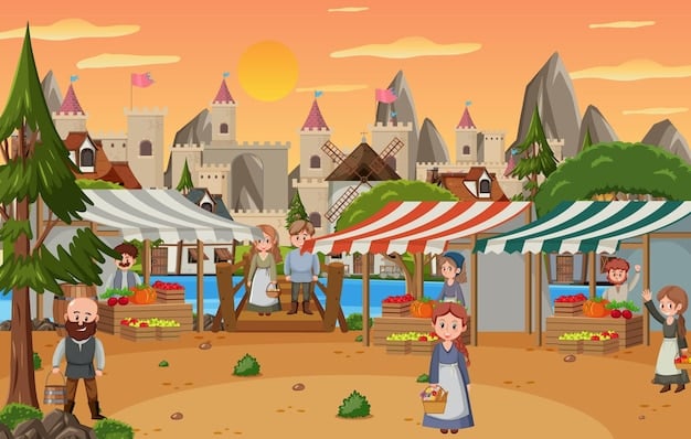 A detailed illustration of a bustling fantasy marketplace with diverse merchants, unique goods, and various species interacting, showcasing the vibrant and intricate cultural aspects of the world. The architecture and attire blend different influences, reflecting a rich history.