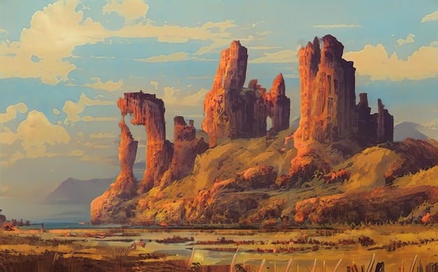 A breathtaking view of a fantasy mountain range with unique geological formations, diverse vegetation, and mythical creatures soaring above the peaks, highlighting the importance of geography and ecology in creating an immersive world.