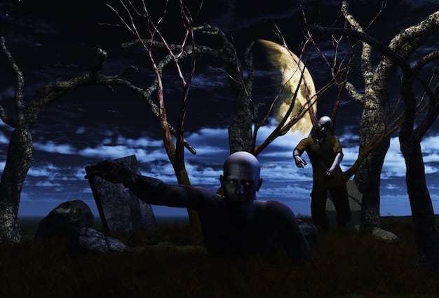 A spectral figure emerging from a fog-shrouded graveyard, reaching out with skeletal hands towards the viewer. In the background, tombstones are visible under a full moon.