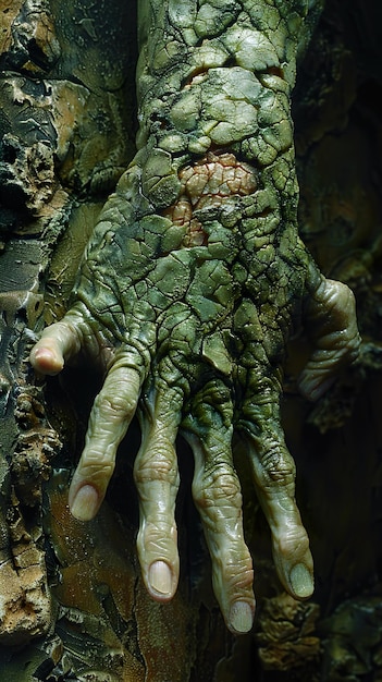 A close-up of a character's hand undergoing a grotesque transformation, with skin peeling away to reveal monstrous growths and bone protrusions.