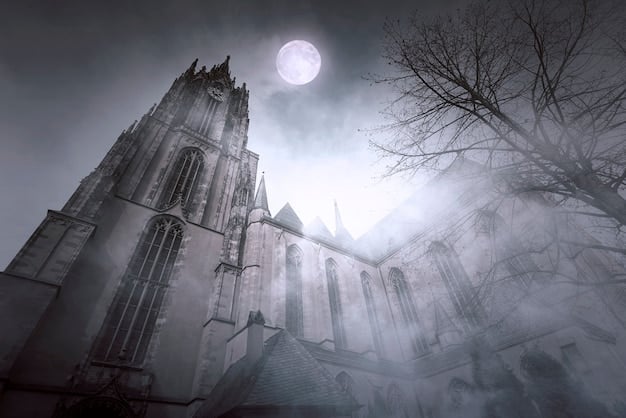 A dimly lit gothic castle with tall spires and broken windows, with a full moon behind it. A misty fog surrounds the base of the castle and the scene is eerie and atmospheric.