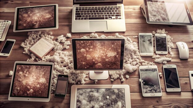 A collage of digital devices (laptops, tablets, smartphones) displaying snippets of text, symbolizing the digital transformation and its challenges to copyright law.