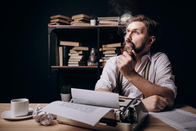 A writer sitting at a desk, surrounded by books and papers, looking thoughtfully at a computer screen. The room is filled with soft, natural light, creating a cozy and creative atmosphere. The computer screen displays a manuscript, with tracked changes and annotations visible.