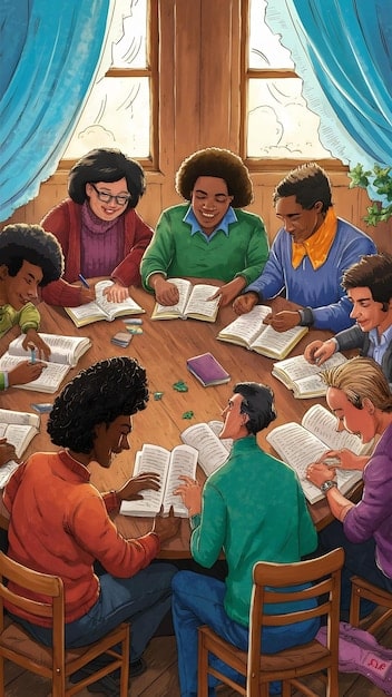 A photo of a diverse group of students participating in a classroom discussion about a literary text.