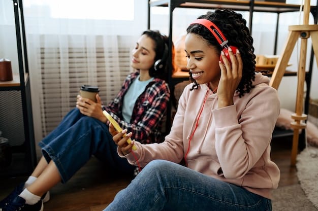 A diverse group of people listening to audiobooks on their devices (smartphones, tablets) in various settings such as a park, a bus, and a coffee shop, showcasing the accessibility and convenience of audiobooks in everyday life.