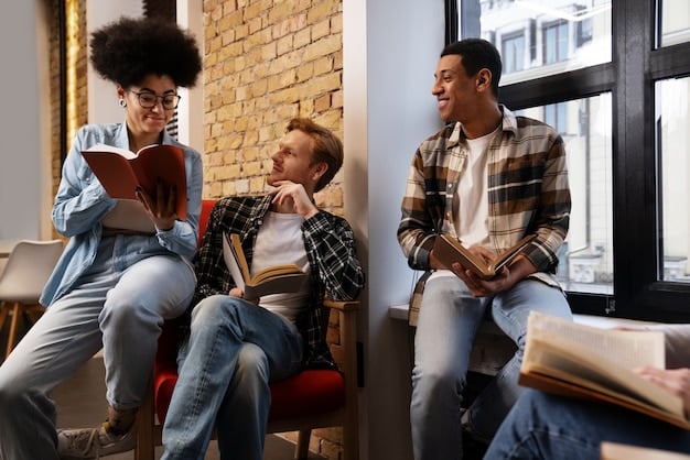 A diverse group of people participating in a book club, discussing a novel with socially conscious themes, set in a cozy, modern living room. A banner with the words 