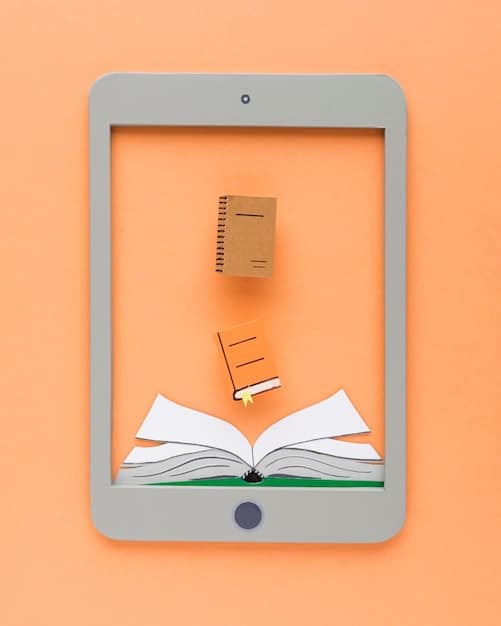 An eye-level view of a tablet with an open book review that is highly personalized. The review incorporates elements such as reader ratings, genre preferences, and links to similar books based on past reading history. The background is blurred to emphasize the focus on the tablet display.