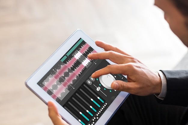 A person holding a tablet with a graphic equalizer and sound wave visualizations on the screen, representing the audio production quality. The background is a professional recording studio.