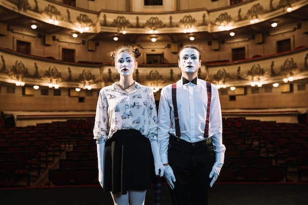 Two actors on stage. One stands confidently with open body language, while the other appears hunched and avoids eye contact, showcasing contrasting nonverbal cues.