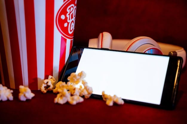 A close-up shot of a theater ticket stub next to a smartphone displaying a streaming service interface. The ticket looks classic and slightly worn, while the smartphone screen shows a wide selection of movies and TV shows available for streaming.