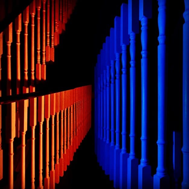 Two contrasting images. On the left, a brightly lit, colorful and vibrant theatrical stage set. On the right, a dark, minimalist and stark stage set.