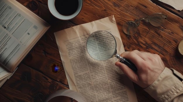A person holding a magnifying glass over a newspaper article, specifically a theater review. The focus is on the text, highlighting the idea of close scrutiny and analysis.