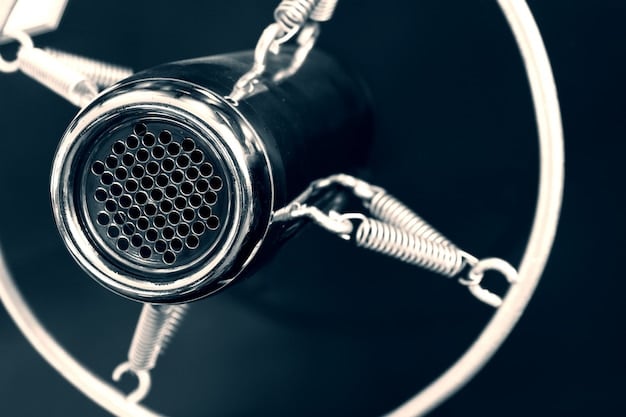 A close-up of vintage microphones on a stage, surrounded by dimly lit theatrical equipment. The focus is on the intricate details of the microphones, with the background blurred to emphasize their historical and functional importance in theater.